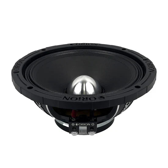 Black 8-inch midrange speaker side view with silver dome center and mounting details