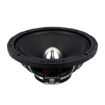 Black 8-inch midrange speaker side view with silver dome center and mounting details