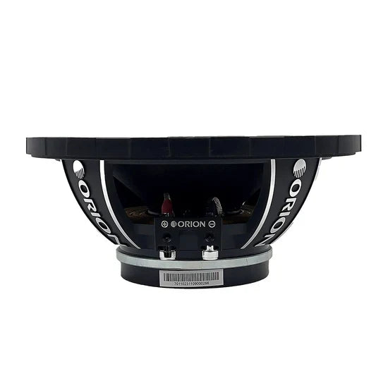 Black 8-inch midrange speaker rear view with terminal screws and ORION markings
