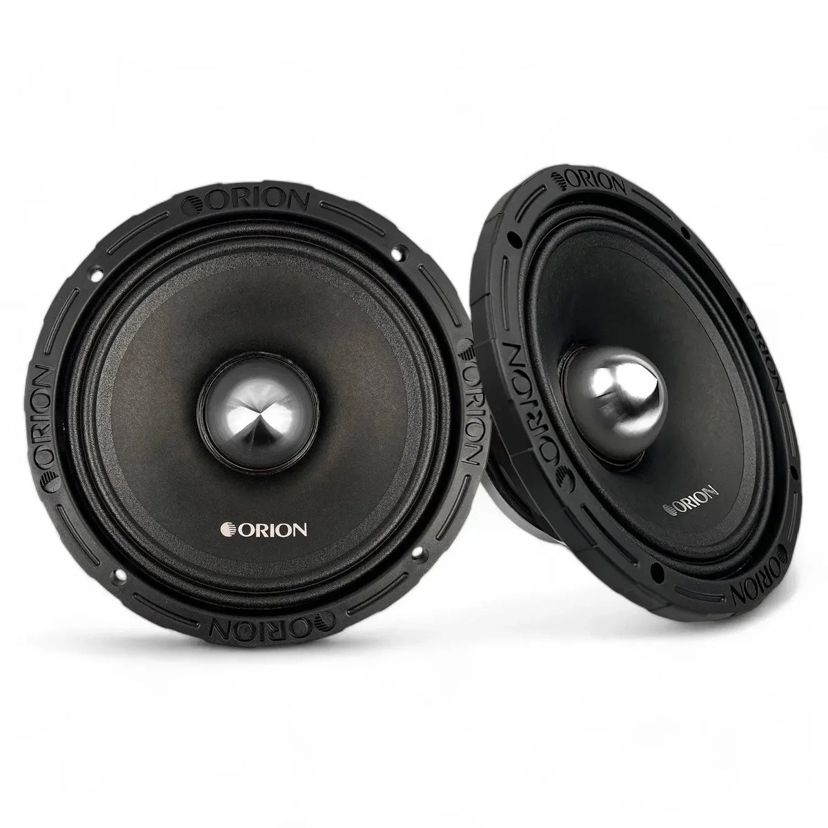 Orion 8-inch car audio midrange speakers, black basket pair with metallic center caps