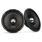 Orion 8-inch car audio midrange speakers, black basket pair with metallic center caps