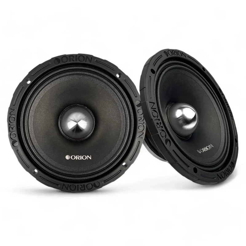 Orion 8-inch car audio midrange speakers, black basket pair with metallic center caps