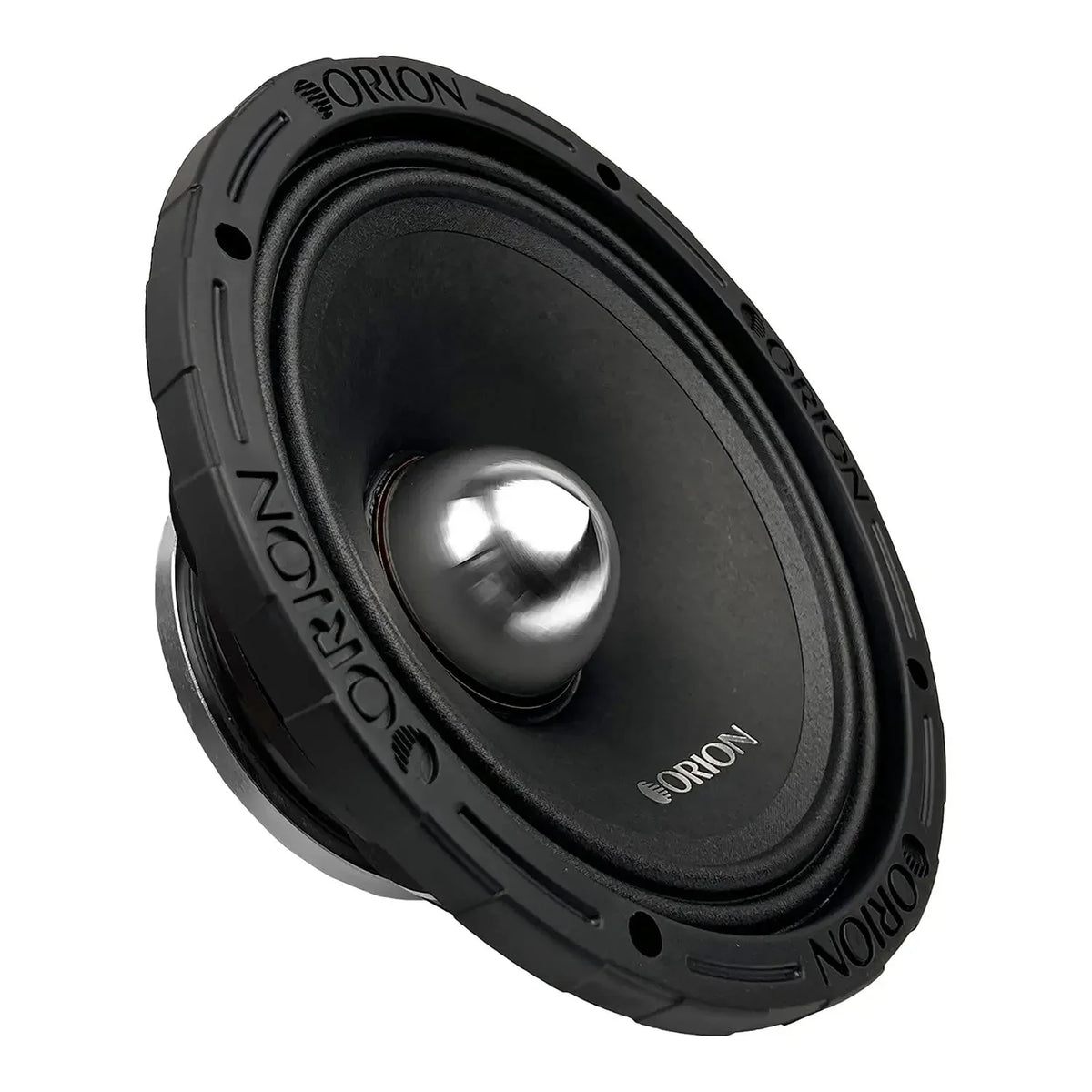 Orion 8-inch midrange speaker, angled view, black frame with metallic dome center