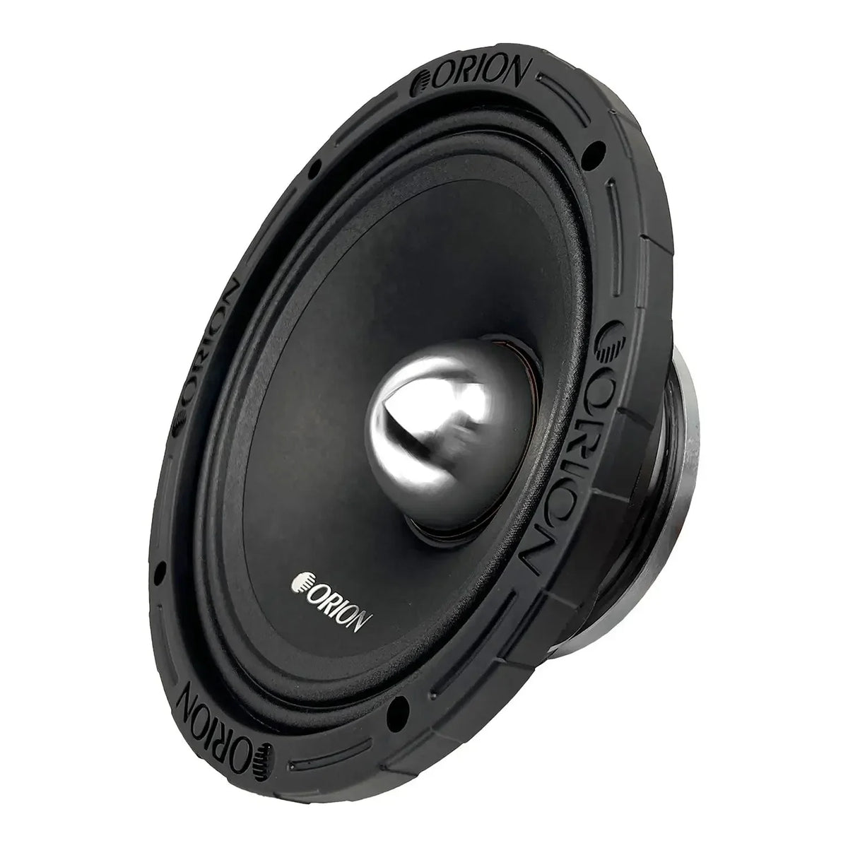 Orion 8-inch midrange speaker, side view, black cone and metallic center dome