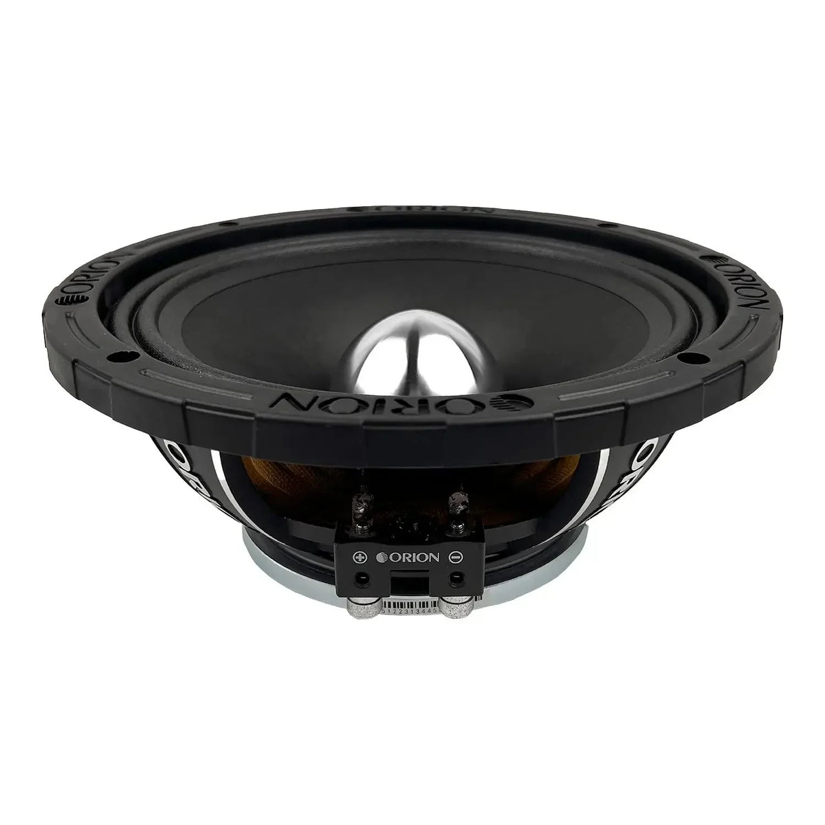 Orion 8-inch midrange speaker rear view, black basket and metallic dust cap