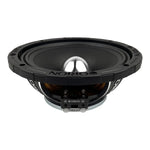 Orion 8-inch midrange speaker rear view, black basket and metallic dust cap