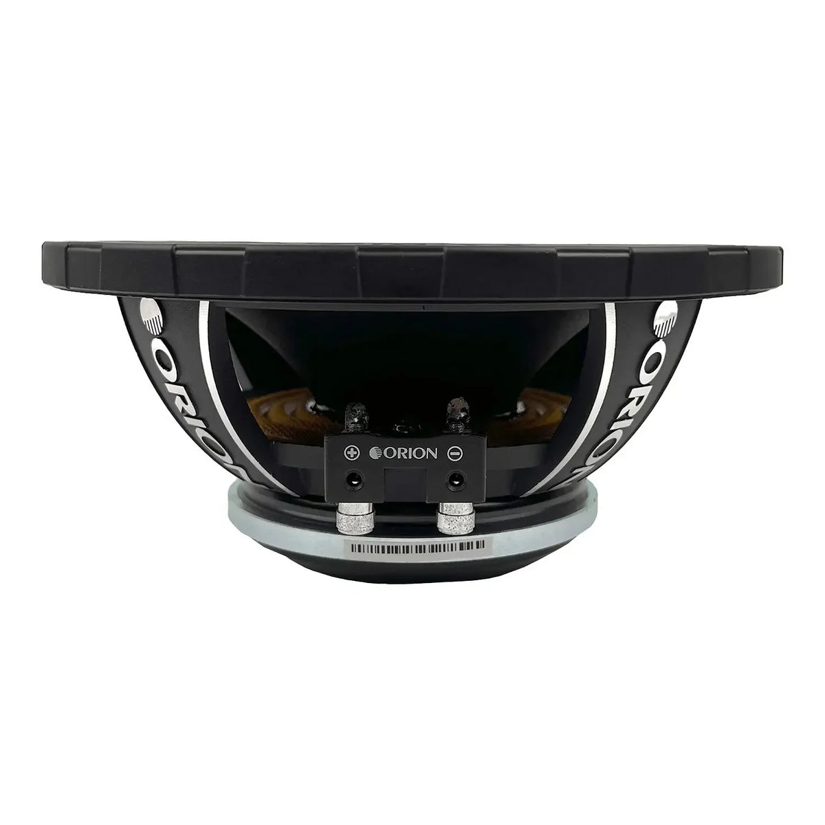 Orion 8-inch midrange speaker rear panel with terminals and wiring access