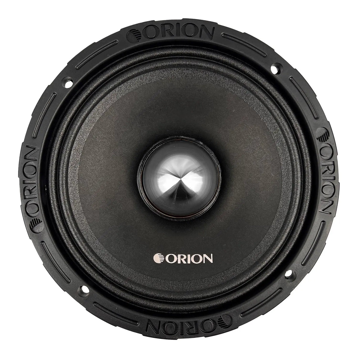 Black 8-inch midrange speaker with silver dome and ORION logo on cone