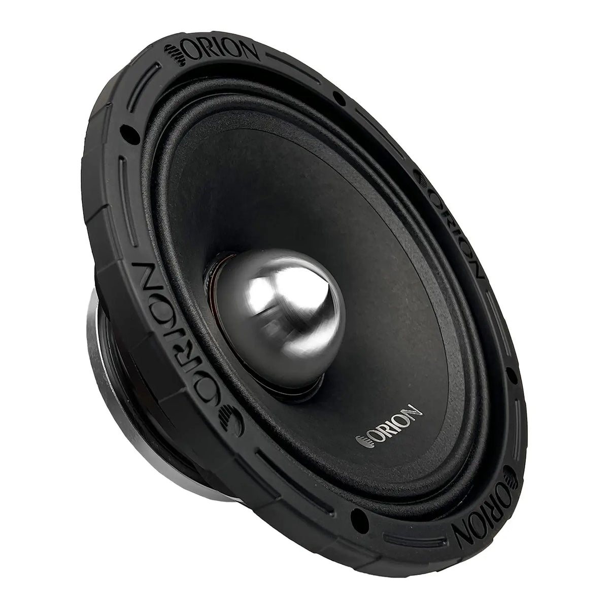Black 8-inch midrange speaker with silver cone, close angled view