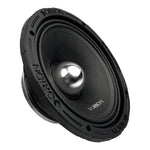 Black 8-inch midrange speaker with silver cone, close angled view