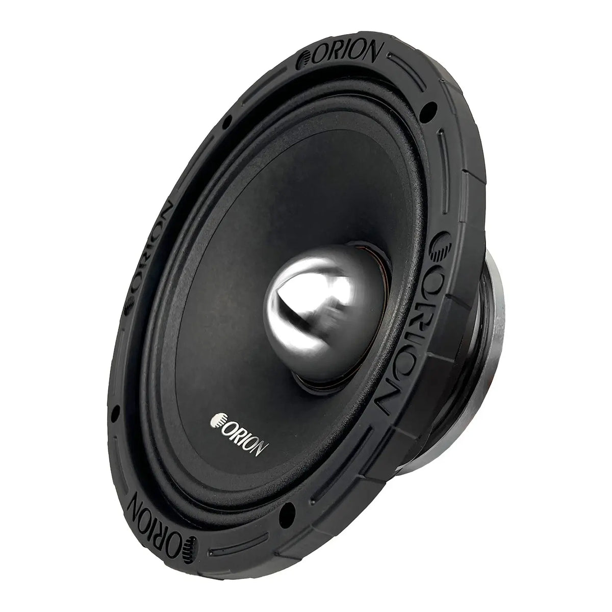 Black 8-inch midrange speaker with silver cone, angled side view