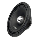 Black 8-inch midrange speaker with silver cone, angled side view