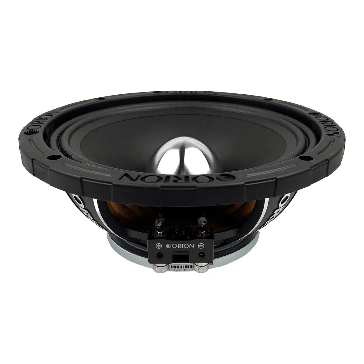Black 8-inch midrange speaker with silver dome, viewed from front edge