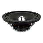 Black 8-inch midrange speaker with silver dome, viewed from front edge