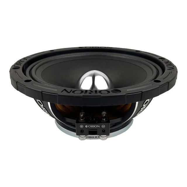 Black 8-inch midrange speaker with silver dome, viewed from front edge