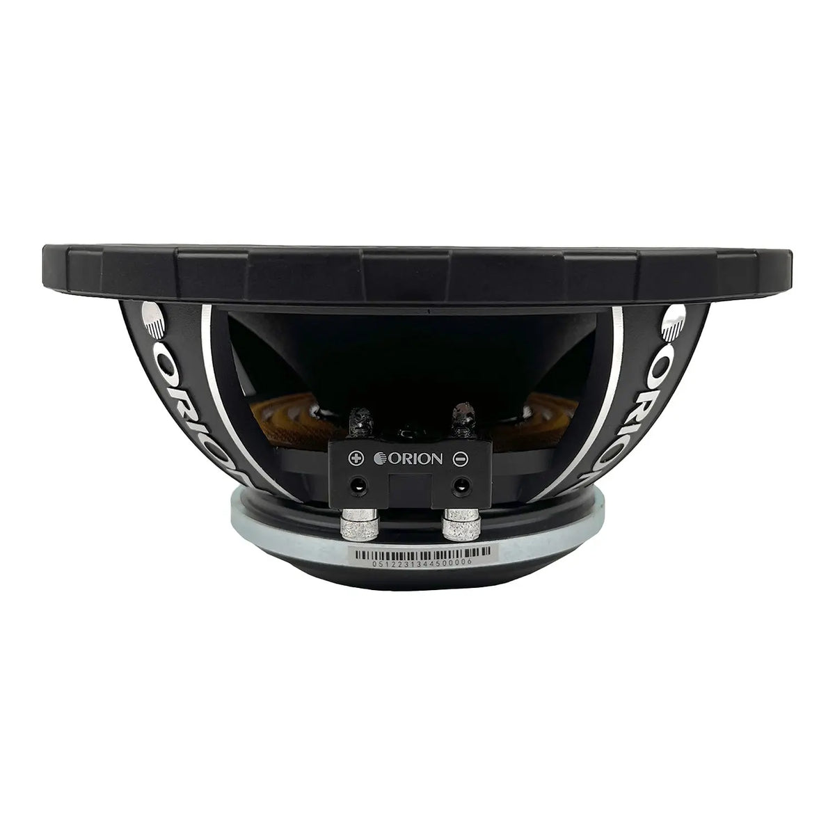 Black 8-inch midrange speaker with rear terminals, underside view