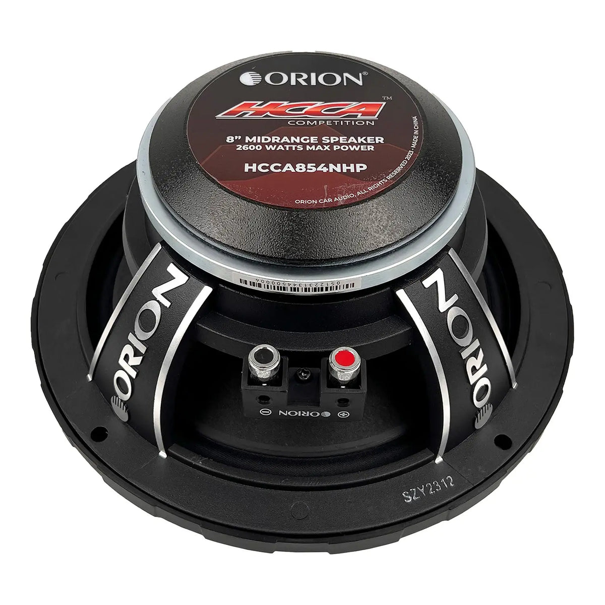 Black 8-inch midrange speaker with label on cone and ORION branding