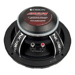 Black 8-inch midrange speaker with label on cone and ORION branding