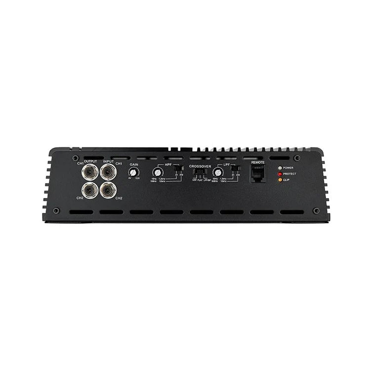 2-channel car amplifier rear panel with RCA inputs and control switches