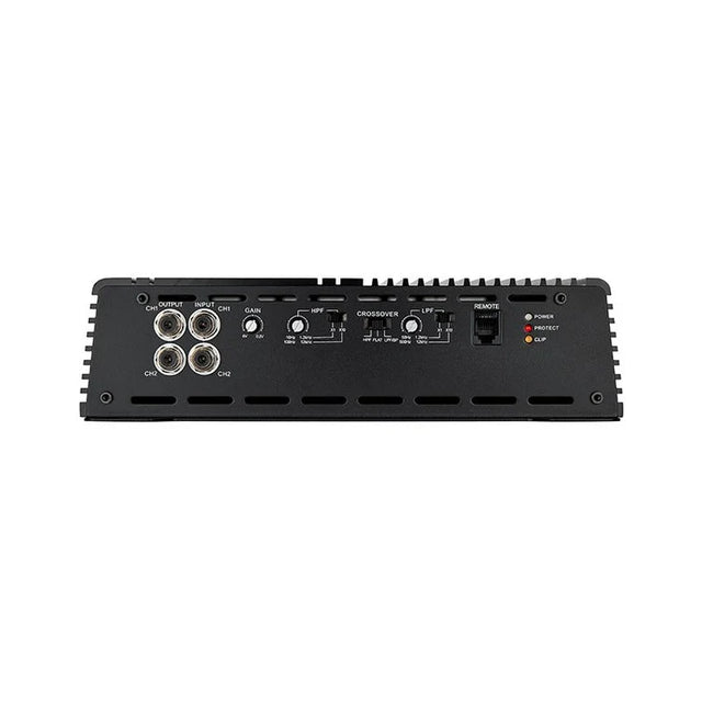 2-channel car amplifier rear panel with RCA inputs and control switches
