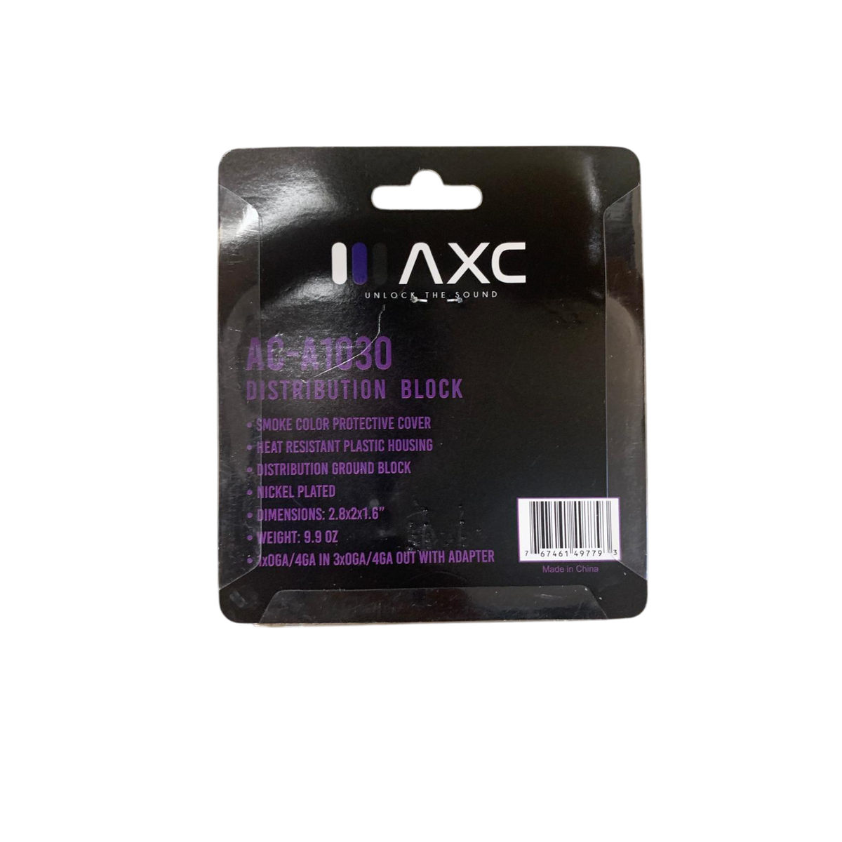 AXC AC-A1030 distribution block package with product specs and barcode