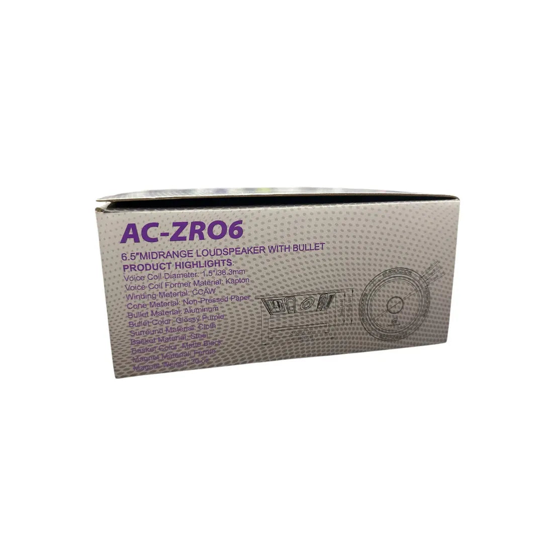 AC-ZR06 6.5-inch midrange loudspeaker retail box with purple text