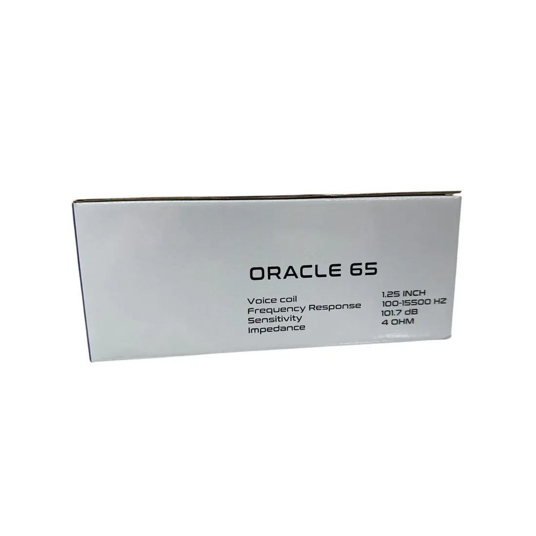Oracle 65 speaker specifications box panel with frequency and impedance text