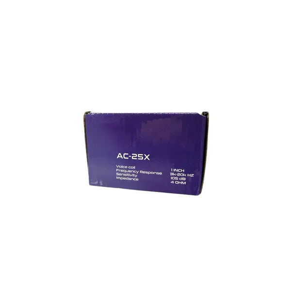 Speaker box packaging showing AC-25X model specs on purple label