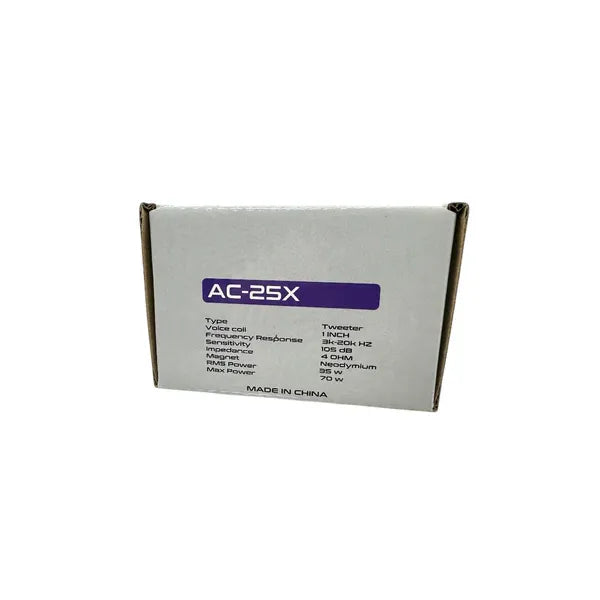 AC-25X speaker box with specifications panel and label