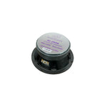 Black speaker driver with white label and terminal connectors on back