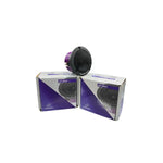 Two boxed car speakers with black grille faces and purple accents