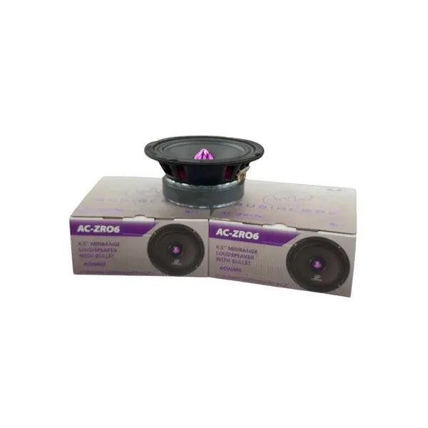 Car audio midrange speaker on retail box, front view with purple cone
