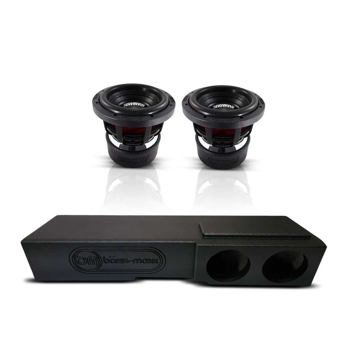 Black dual 8-inch subwoofer speaker set with ported enclosure, front view.