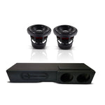 Black dual 8-inch subwoofer speaker set with ported enclosure, front view.