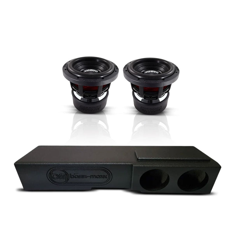 Black dual 8-inch subwoofer speaker set with ported enclosure, front view.