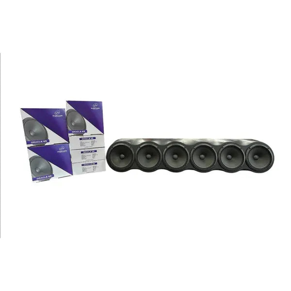 Six black circular lights on a bar with boxed product packaging