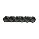 Row of six black circular speaker-style lights on a roof rack bar