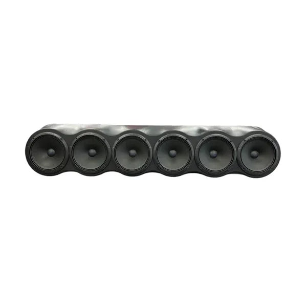 Row of six black circular speaker-style lights on a roof rack bar