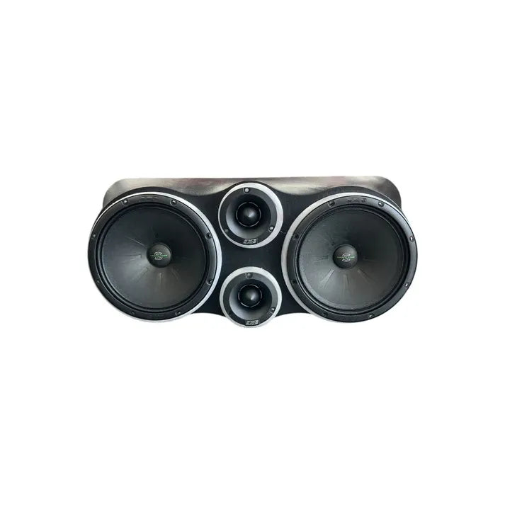 Car speaker panel with two large black drivers and two small tweeters