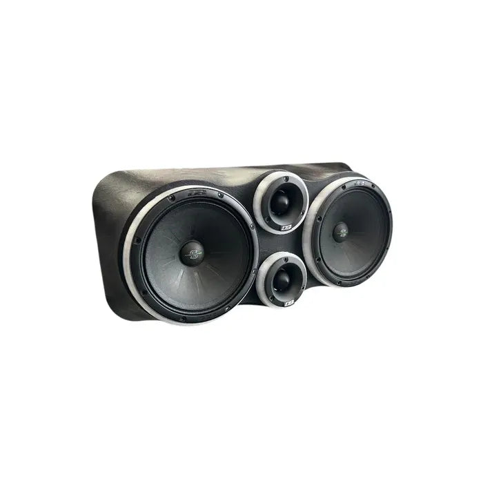 Car speaker panel with two large black speakers and a centered small tweeter