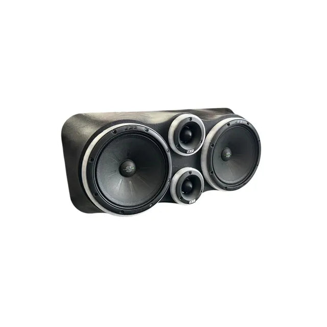 Car speaker panel with two large black speakers and a centered small tweeter