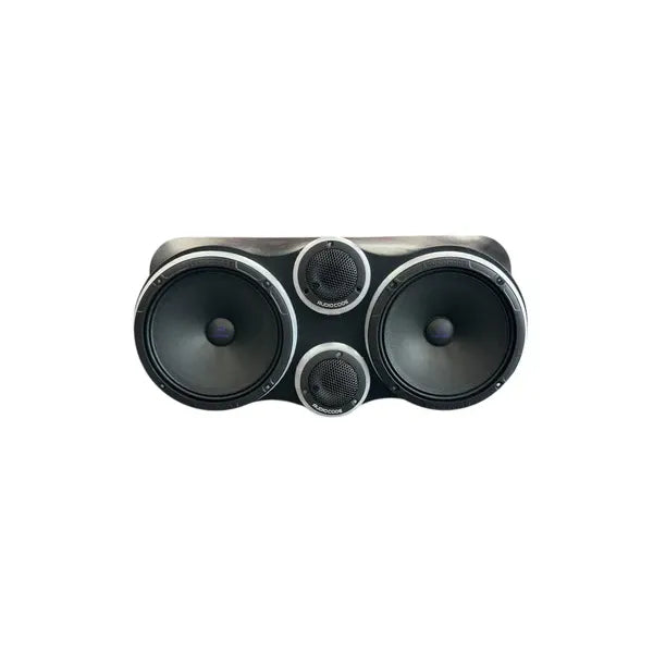 Car speaker panel with two black 6.5-inch woofers and center tweeter array