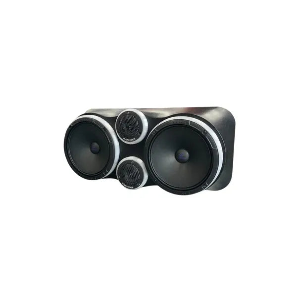 Car audio panel speaker set with dual woofers and small tweeter on front plate