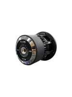 8-inch car subwoofer side view with silver trim and exposed internal coil