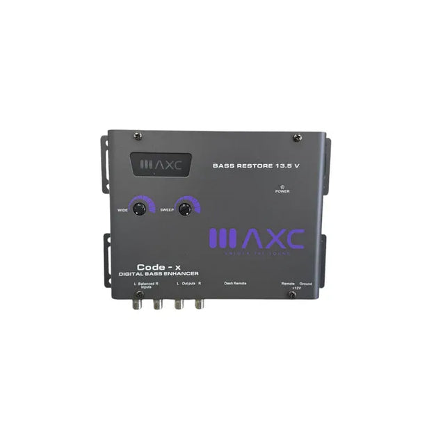 Grey digital bass enhancer with “Code-x” controls and multiple audio input/output ports