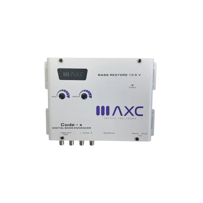 White digital bass enhancer with “Code-x” controls and multiple audio input/output ports