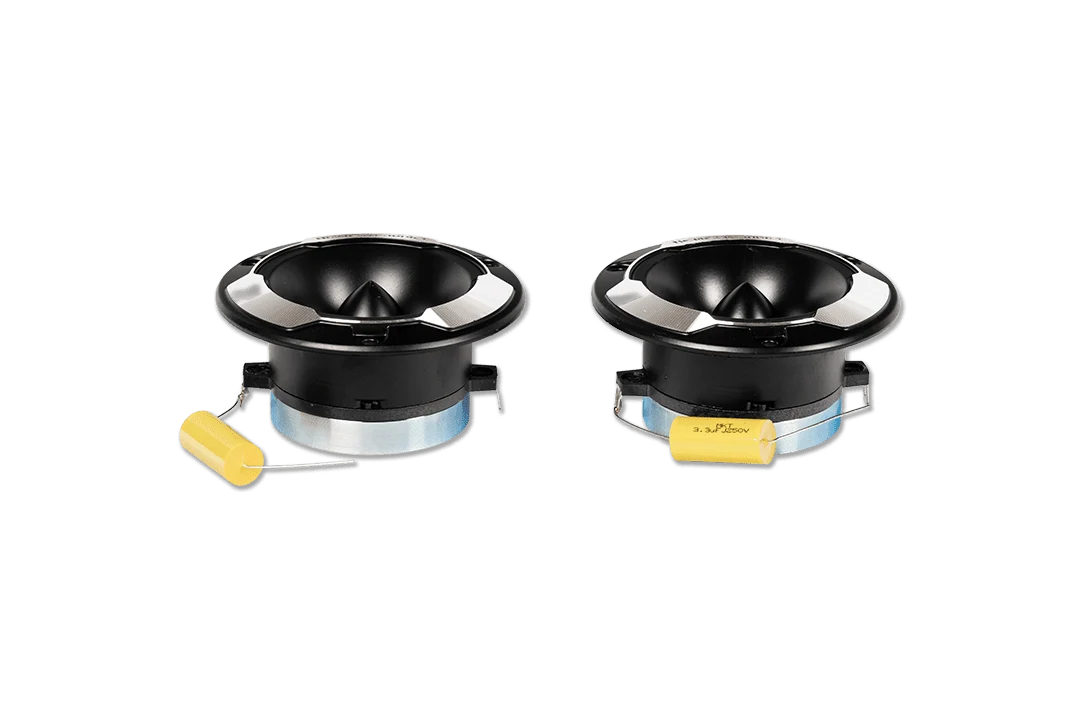 Pair of black 6.5-inch midrange speaker drivers with blue ring and gold tweeter
