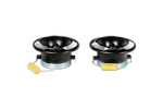 Pair of black 6.5-inch midrange speaker drivers with blue ring and gold tweeter