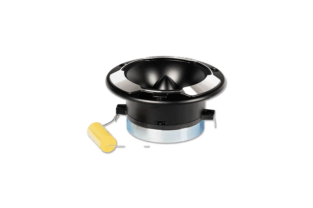 Black 6.5-inch midrange speaker driver with blue cone and gold tweeter