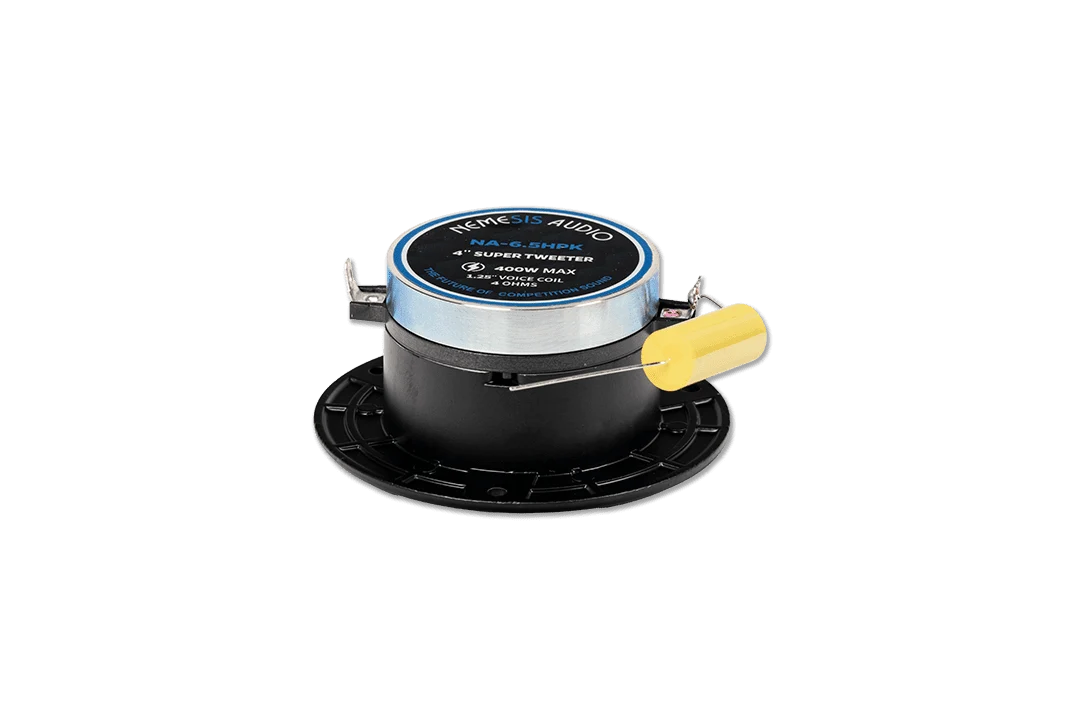 Black speaker driver with blue label, silver cap, and gold tweeter on base